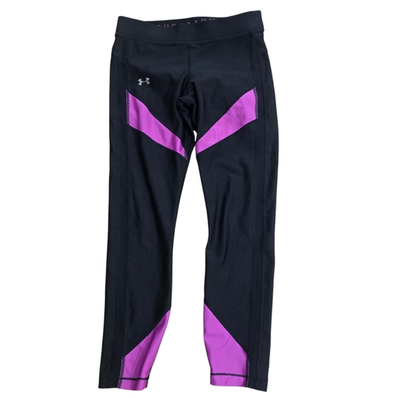 Under Armour Women's Heatgear Black/Optic Purple Color Block Ankle Crop Legging - Picture 2 of 6